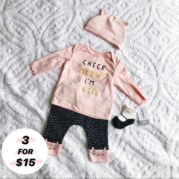 NWT BABY TODDLER GIRLS 3 Pc Set Outfit Cat CARTERS SIZE 24 Mos Hoodie Shirt Pant